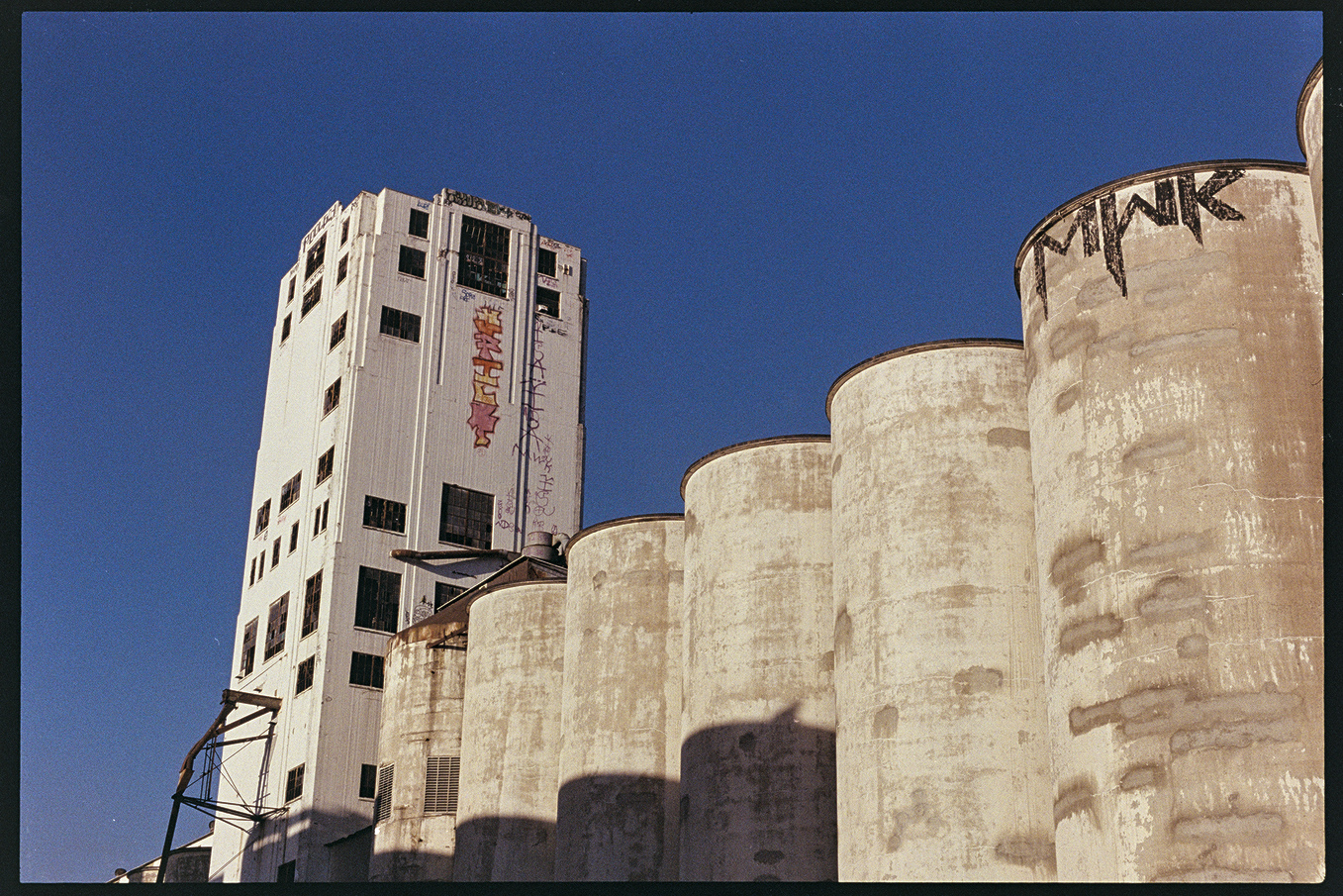 Grain silos with graffiti in Minneapolis