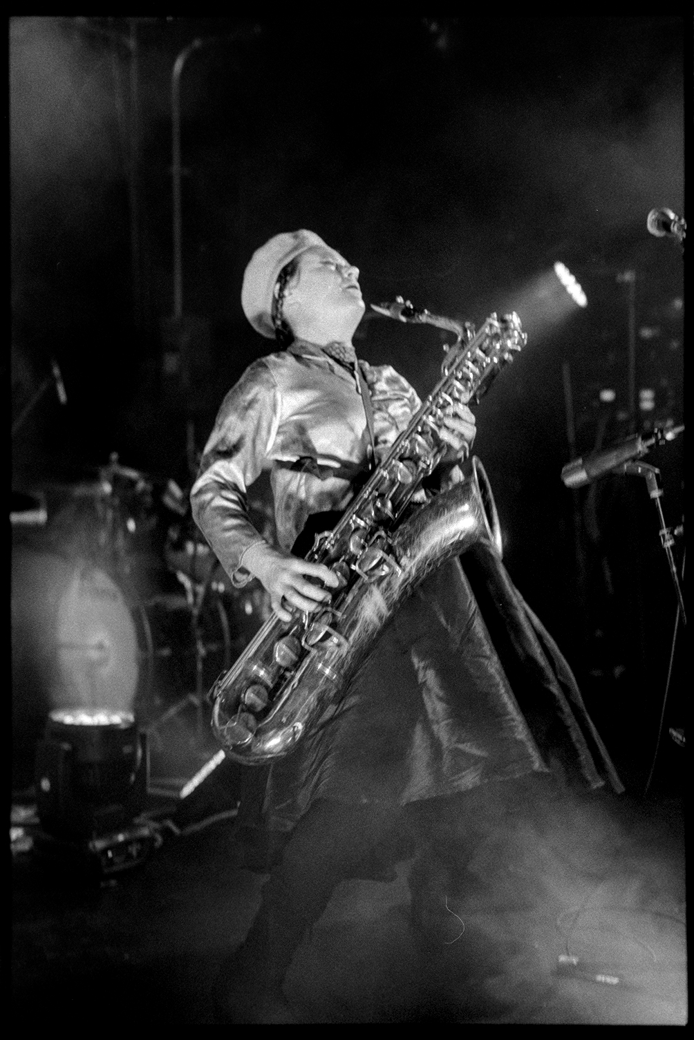 Kalmia playing the baritone saxophone during Rubblebucket concert in St. Paul
