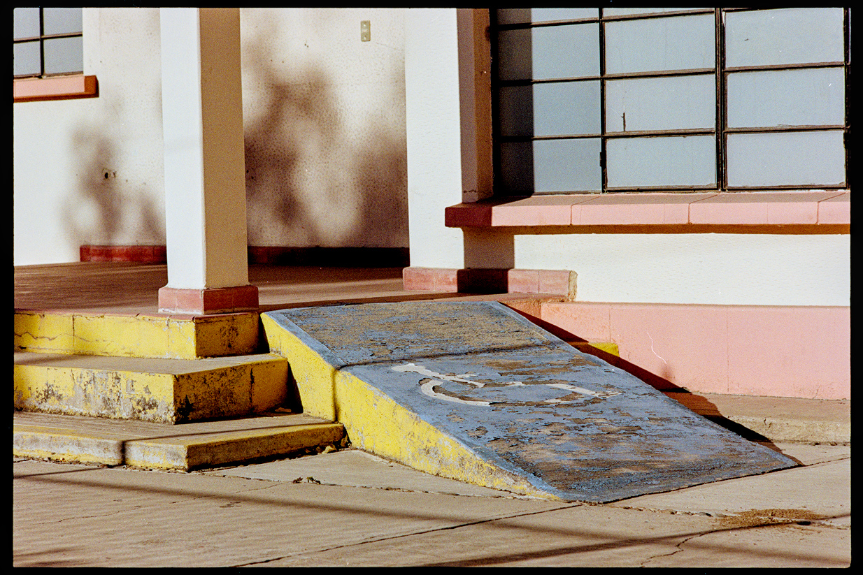 A wheelchair ramp outside of a building