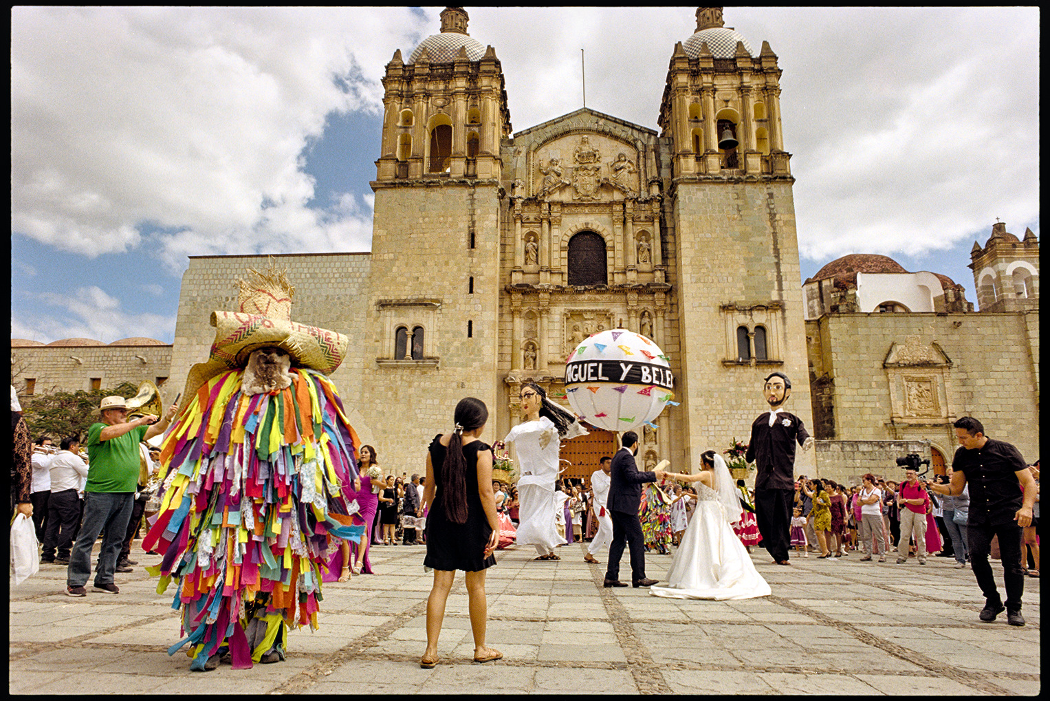 Wedding celebration in front of a cathedral in Oaxaca City