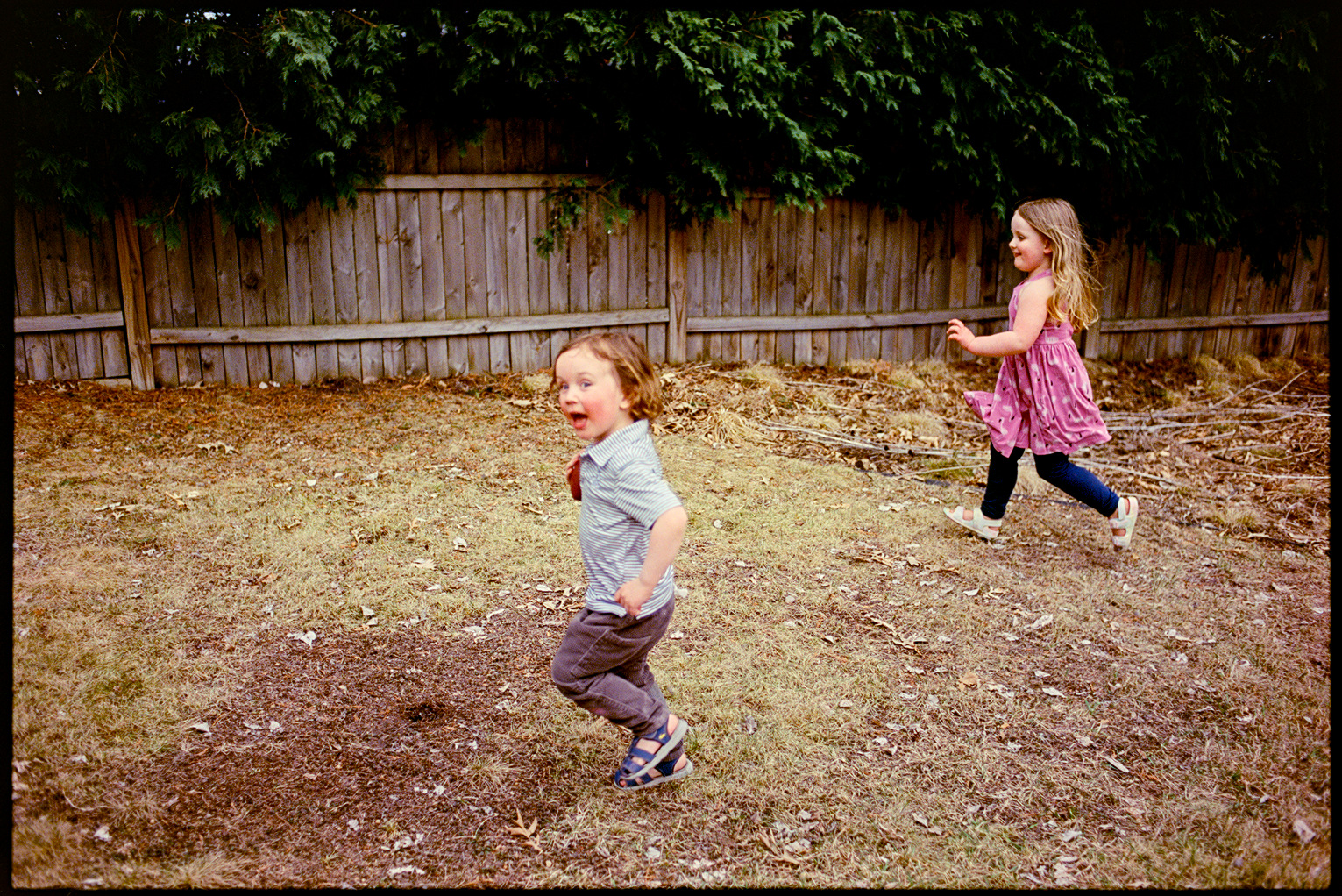 Two children, Ned and Poppy, running in the backyard at a cookout