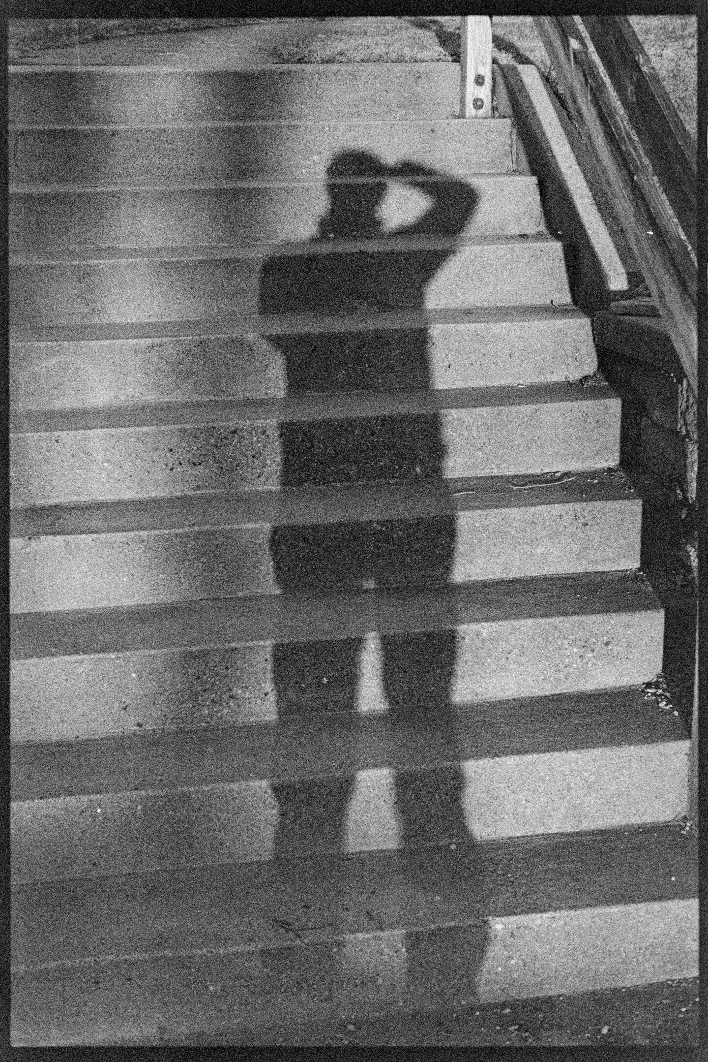 The photographer's shadow cast on concrete stairs in front of a house