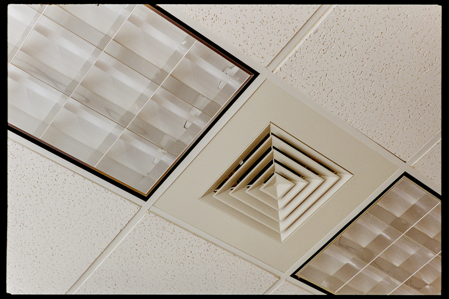 Ceiling tiles, lights, and vent in my office