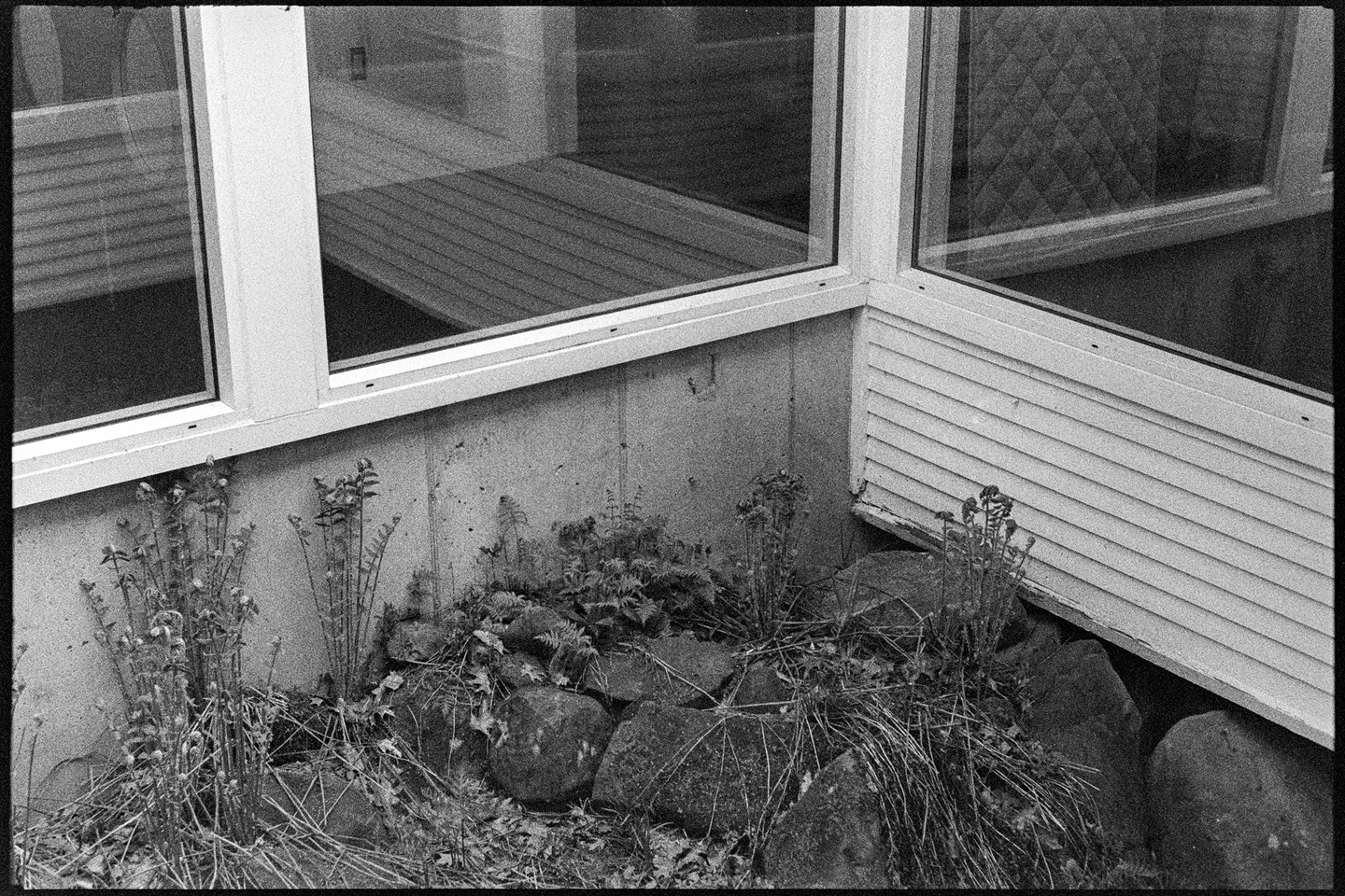 Courtyard in building with stones enclosed in glass