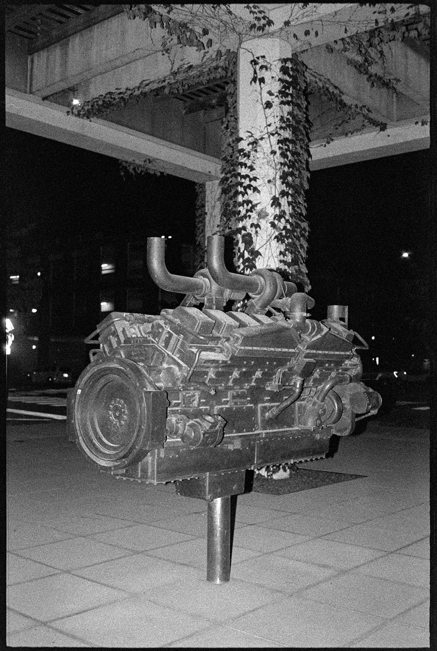 A diesel engine sculpture in front of the Cummins building in Columbus, Indiana