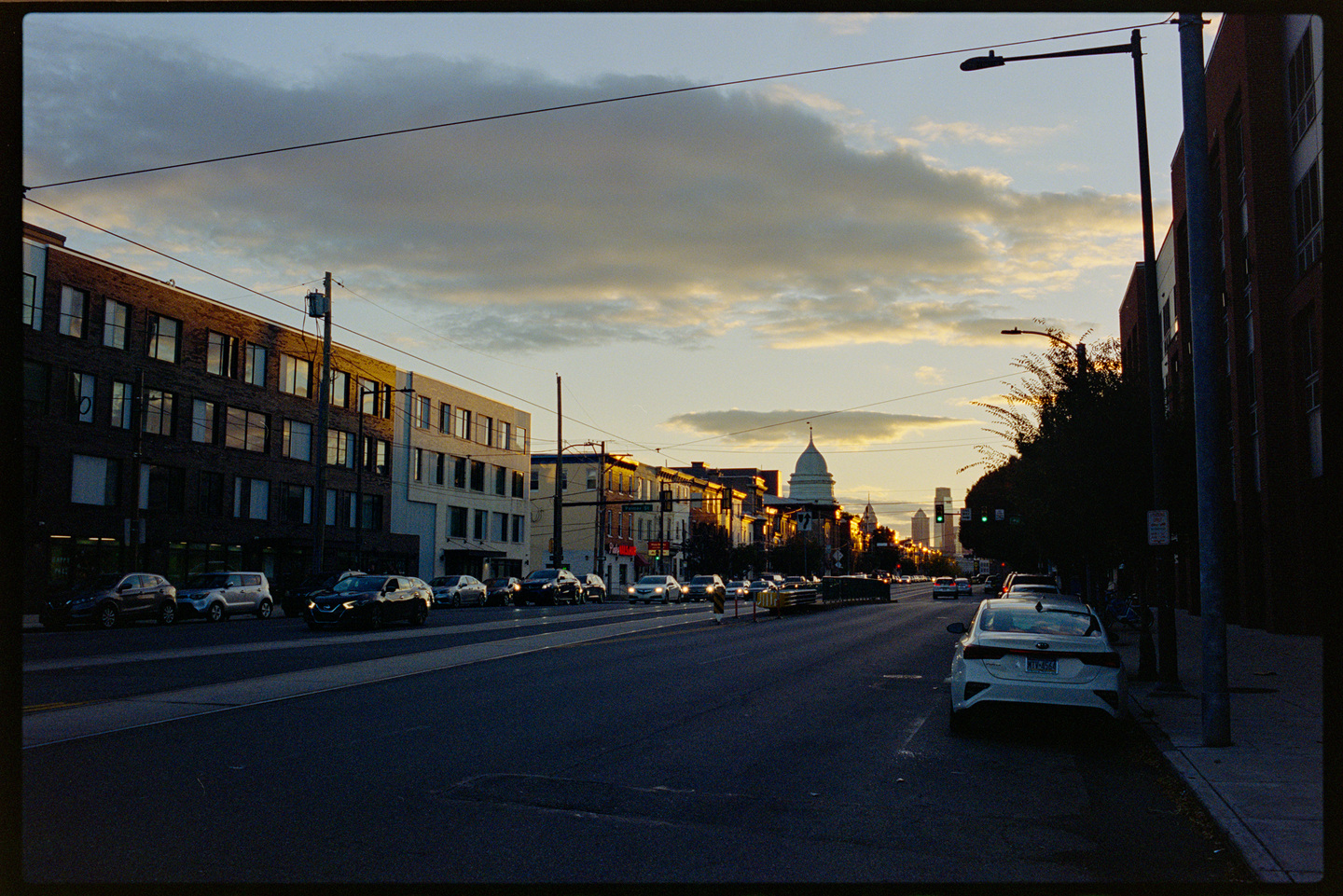 The view along Girard Street in the sunset