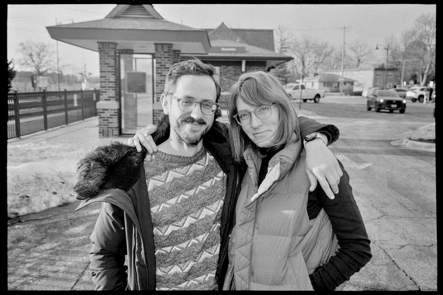 Kallie and Lincoln at the train station in Illinois