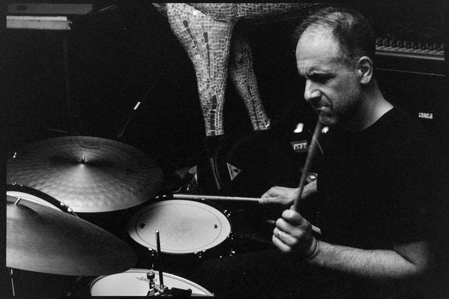 Andrea playing drums at the Contented Cow pub