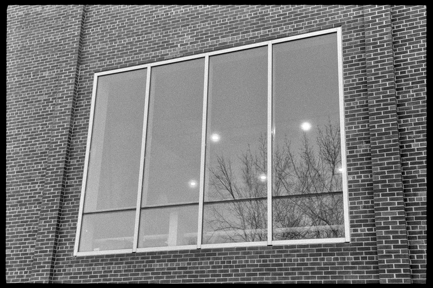 A large window on the side of the Weitz Center surrounded by red bricks
