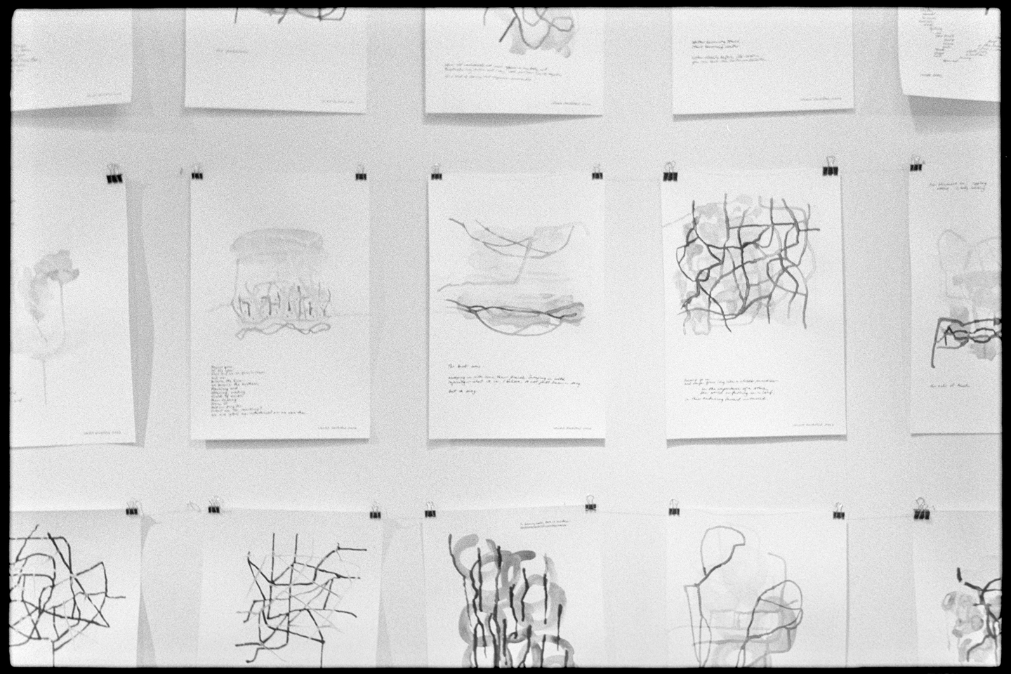 Paintings and poems on pages of paper mounted on a wall at the Veronique Wantz Gallery in Minneapolis