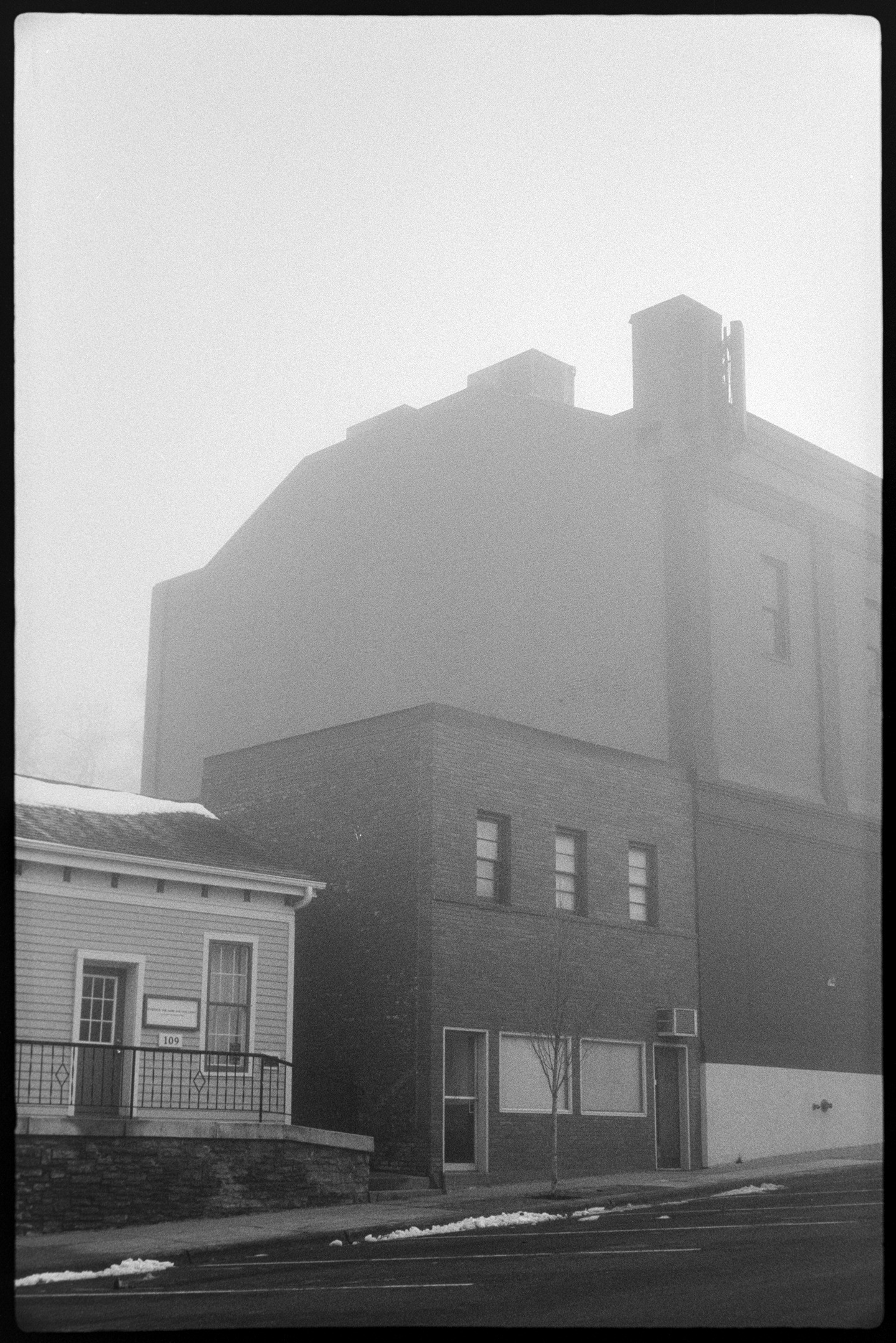 Buildings in a thick fog in Northfield, Minnesota