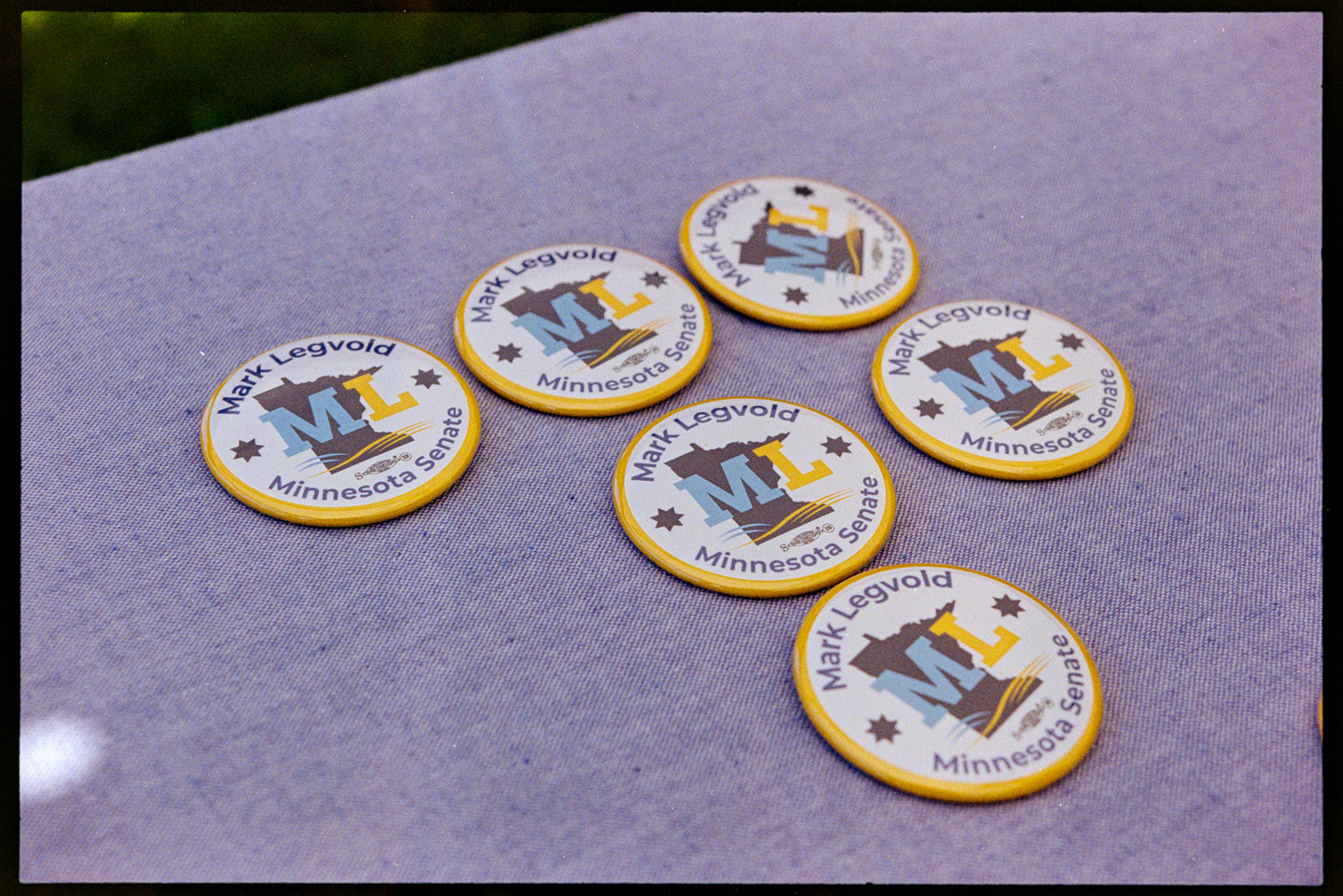 Buttons for the Mark Legvold campaign for Minnesota State Senate