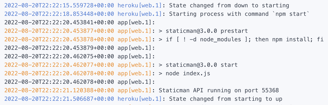 Output logs from Heroku server.